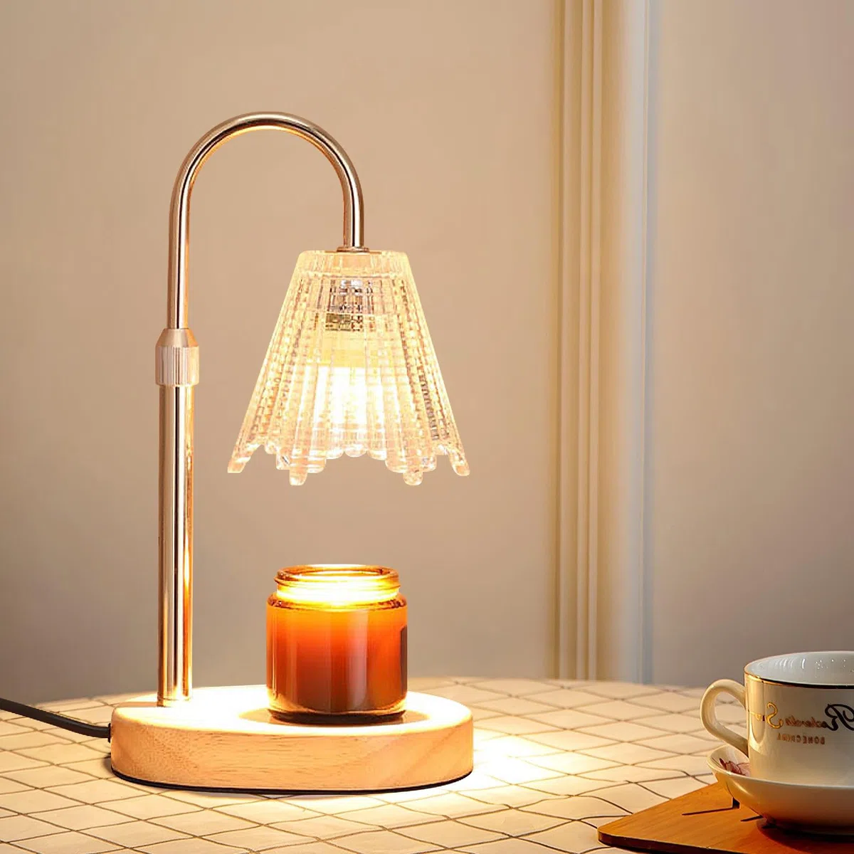 Lámpara Calentador de Velas con 2 Bombillas | Lámparas de mesa Temporizador y Atenuador Hogar Decoración Regalo, Madera, Vidrio, Acero, EU Plug