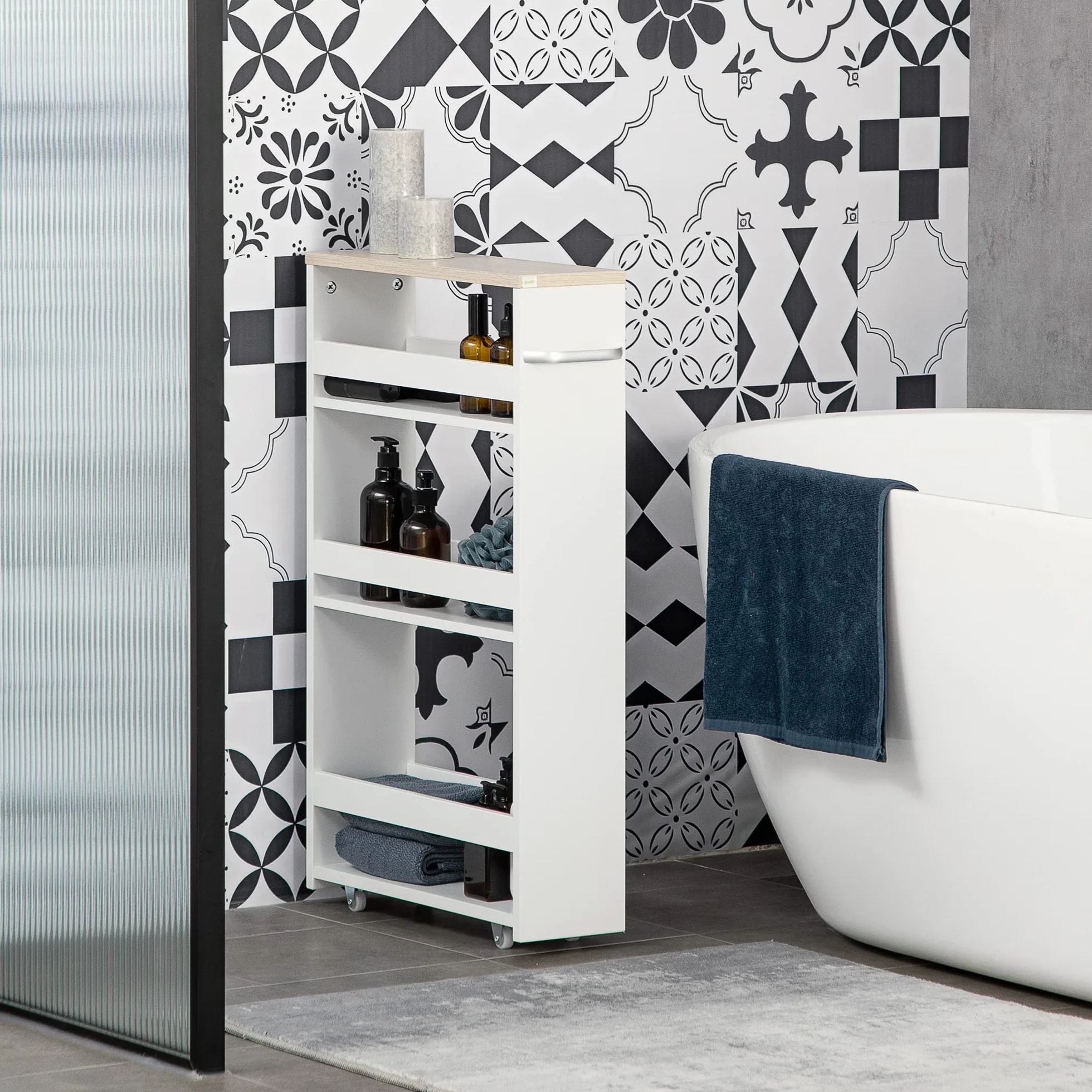 kleankin Carrito Auxiliar con Ruedas Delgado de 3 Niveles, Carrito de Cocina Estrecho con 3 Estantes, Tablero y Asa, para Comedor, Salón, Baño, 48x15x80 cm, Blanco