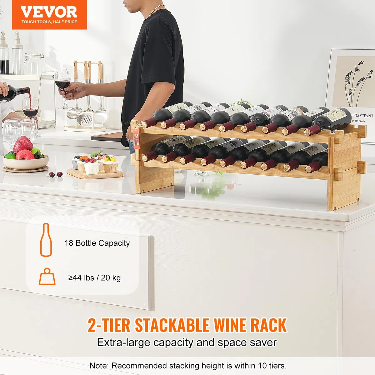 VEVOR Botellero Apilable de Vino 18 Botellas Estante de Almacenamiento de Bambú 850x250x275 mm Botellero Independiente de 2 Niveles Estantes sin Sacudidas para Cocina, Bar, Bodega, Color Natural