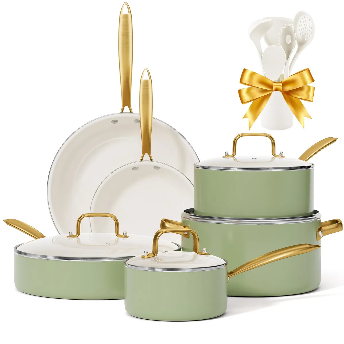 RIOVARM Inducción Juego de ollas y sartenes con Tapas, Cerámica Antiadherente Batería de cocina con juego de espátulas, Juego Esencial de Cocina para Regalos de Cocina, Olla, Sartén, Sin PFOA