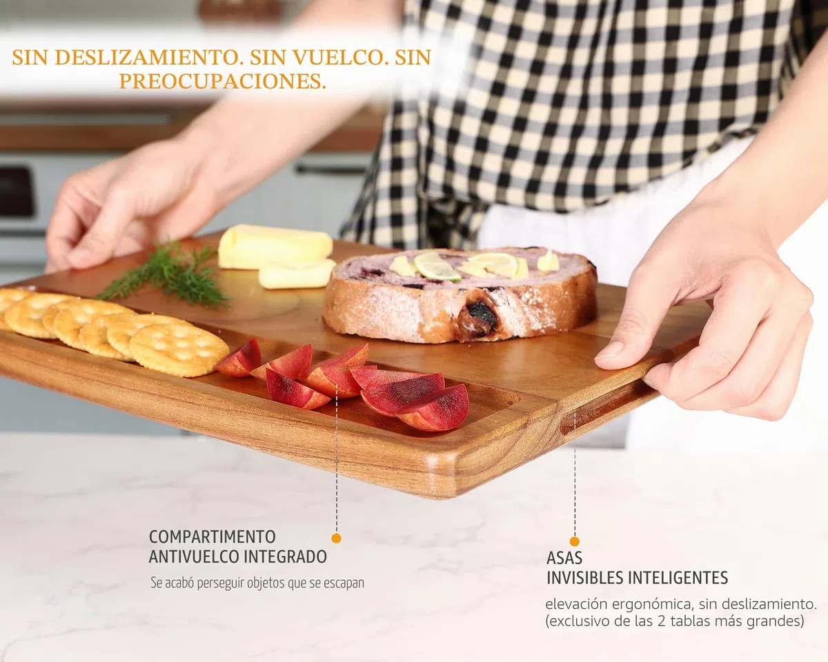 hecef Juego de tablas de cortar de madera con soporte, reversibles para cortar y servir, con ranuras antigoteo y asas integradas, set de 3 para carne, pescado, verduras, pan, embutidos y quesos