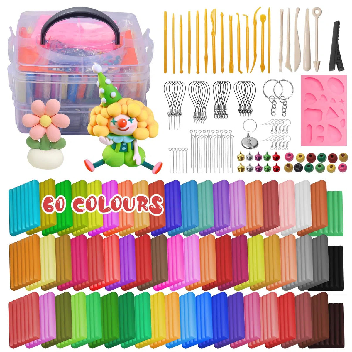 Arcilla Polimérica, Kit de Arcilla de 60 Colores, Masa Artesanal Polimérica, Polimérica Modelado de Material, Pasta de Colores Apta para Bricolaje