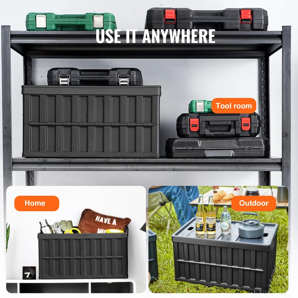 VEVOR Caja de Almacenamiento de Plástico Plegable con Tapas 3 Piezas, Cajas de Transporte Apilable 65 L con Asas, Contenedores Grandes y Resistentes para Ropa, Juguetes, Libros, Accesorios, Negro
