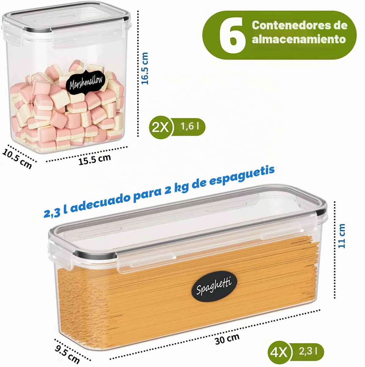 Withosent Juego de 6 recipientes herméticos para cocina, con tapa de plástico, 2,3 L, para almacenar pastas, pasta, para pastas, cereales (2,3 L, 1,6 L)