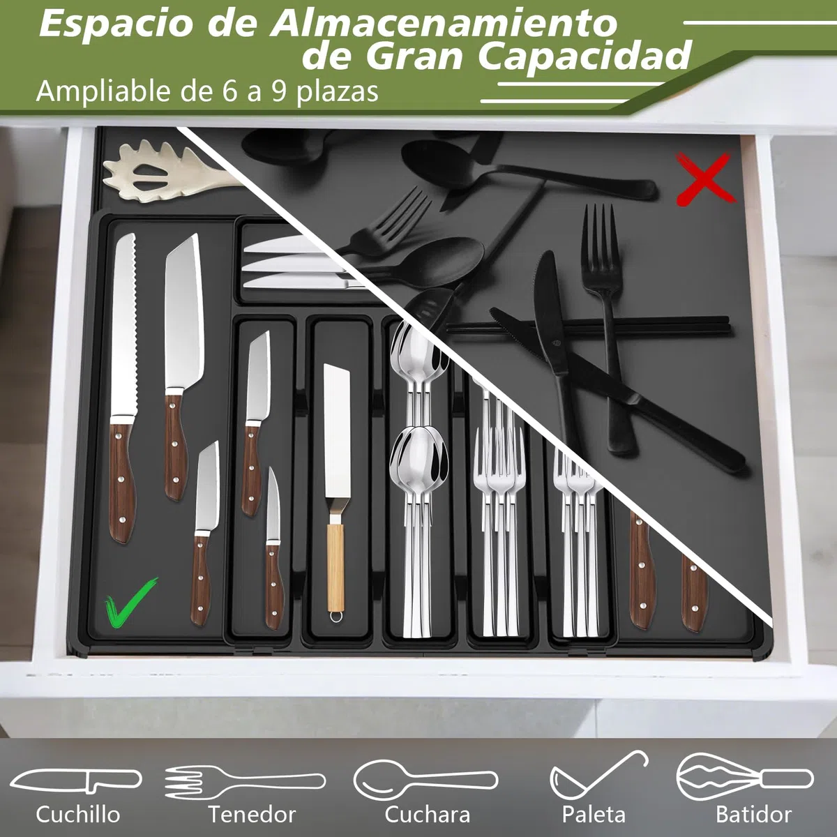Charmofun Bandeja Cuberteros para Cajon Cocina, Organizador Cubiertos Extensible con 9 Compartimentos, Organizador Cocina Negro para Cucharas y Tenedores, Kitchen Organizer