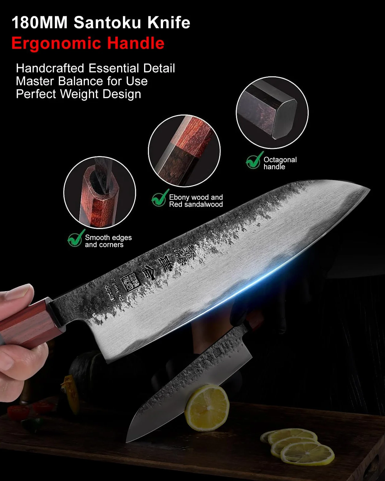kanngou Cuchillo Santoku, 18cm Cuchillo Cocina de Chef de Acero Inoxidable con Madera de Ébano y Mango de Sándalo Rojo, Cuchillo Japones Profesional con Caja de Regalo Premium