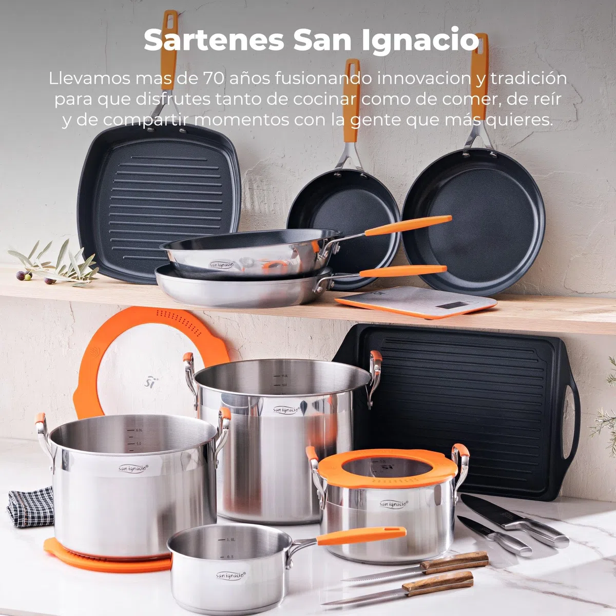 San Ignacio Compact - Juego de 2 Sartenes Ø16Ø28cm + Asador cuadrado 28x28cm en aluminio forjado para inducción COMPACT