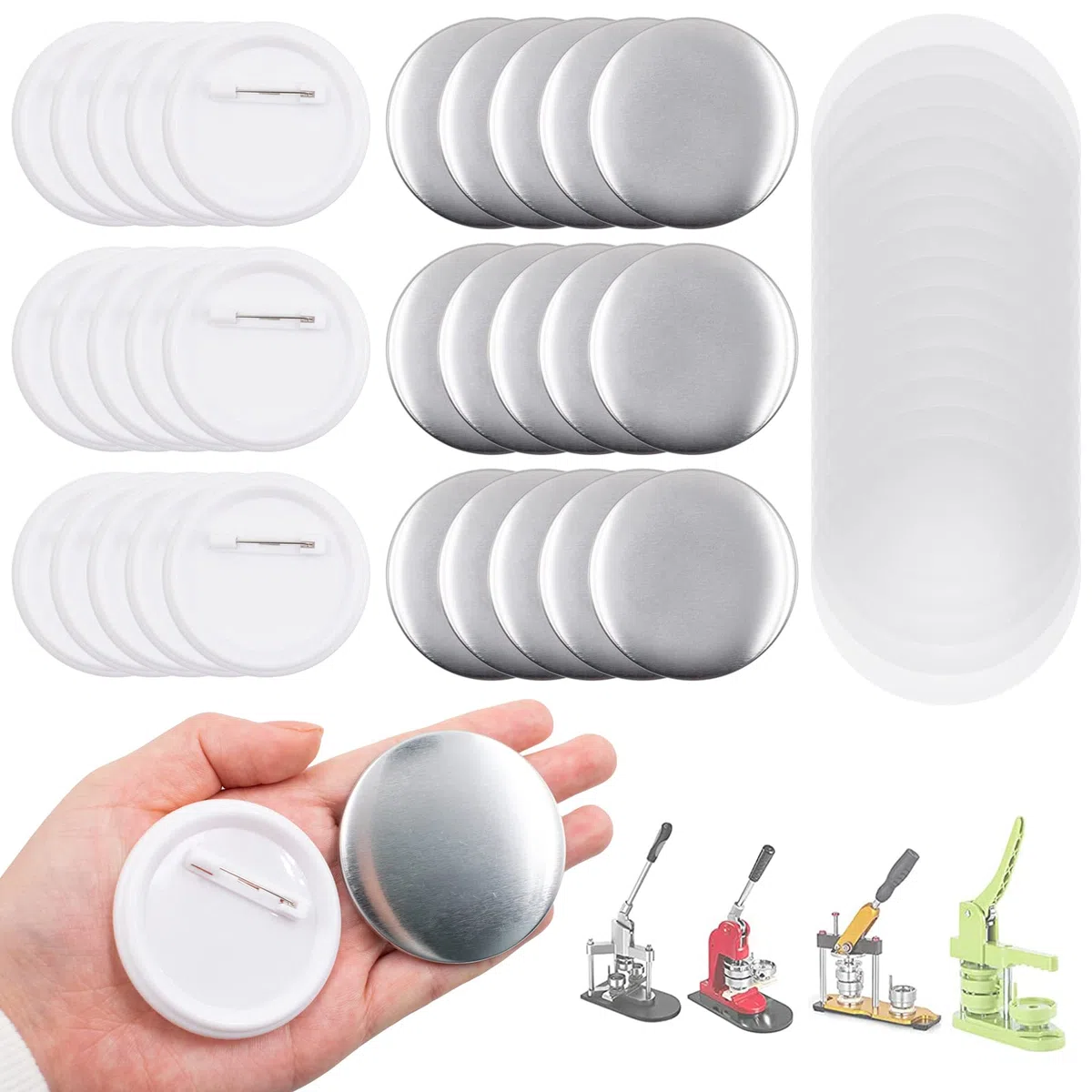 100 piezas 58mm Botón de Pin Redondo Bandejas Button proporciona piezas de botón trasero para el proceso DIY de la máquina de fabricación de botones, incluyendo la carcasa metálica