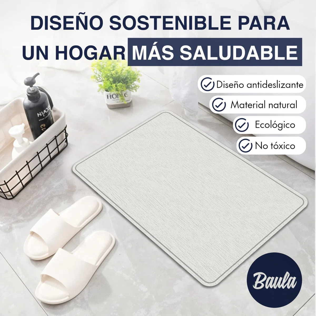 BAULA - Alfombra Diatomita Baño 60x40cm Reversible – Alfombra Baño Secado Rapido Super Absorbente, Antideslizante y Antibacteriana – Alfombrilla Diatomita Baño para Ducha, Bañera y Cocina (Beig)