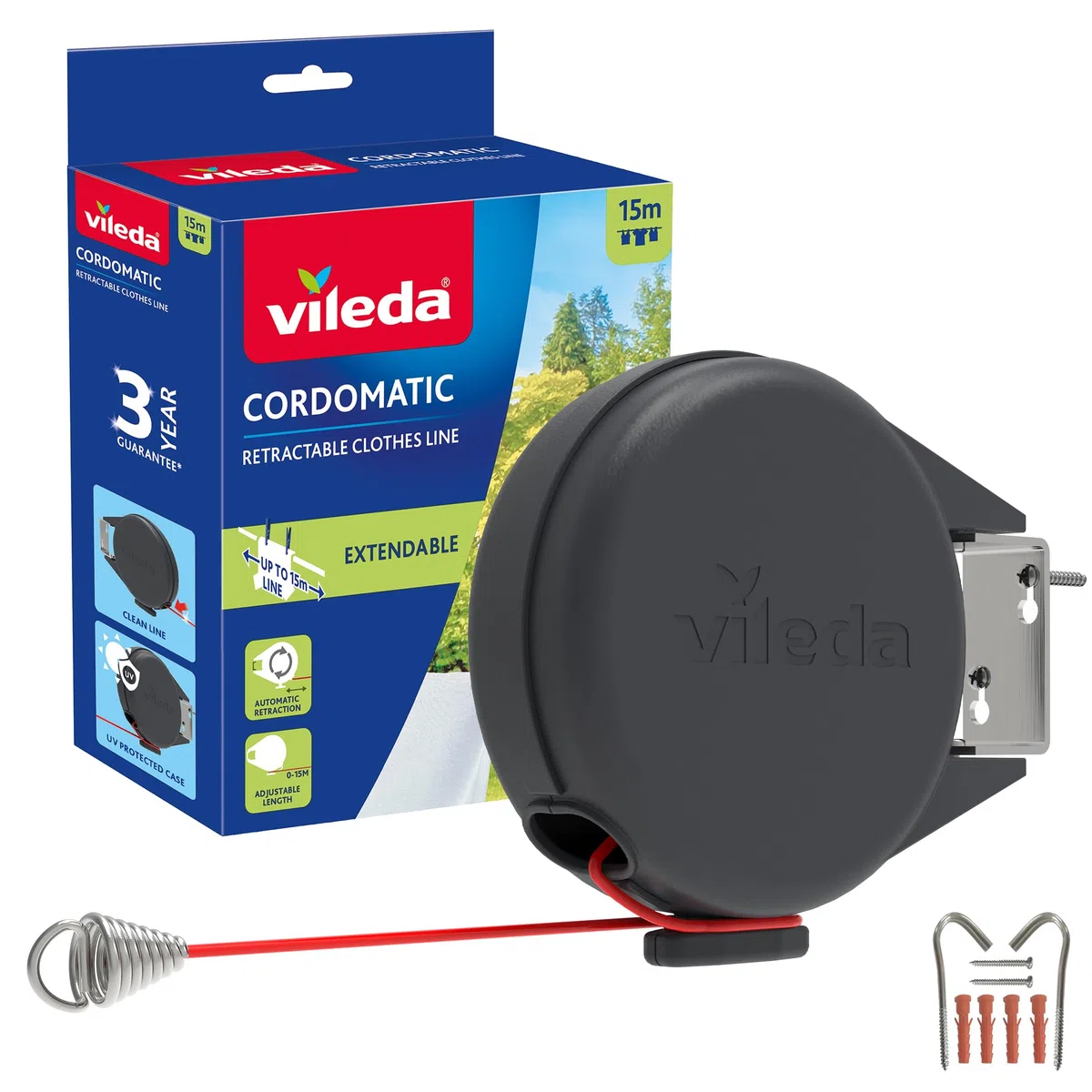 Vileda Cordomatic - Hilo de Tender automático, 15 m, medidor retráctil