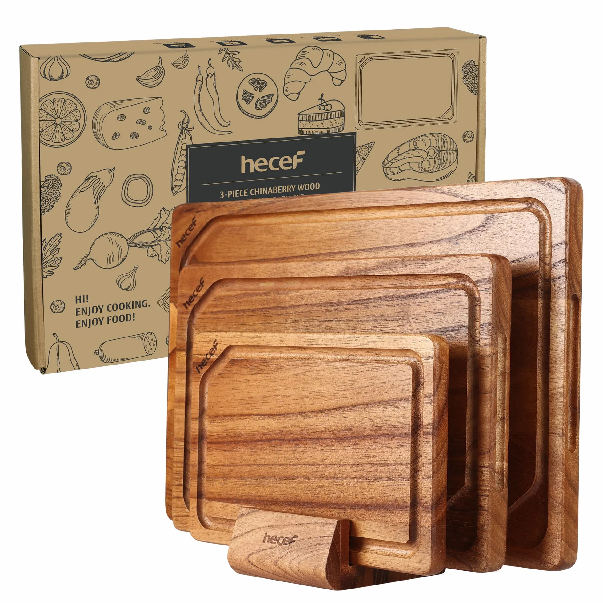 hecef Juego de tablas de cortar de madera con soporte, reversibles para cortar y servir, con ranuras antigoteo y asas integradas, set de 3 para carne, pescado, verduras, pan, embutidos y quesos