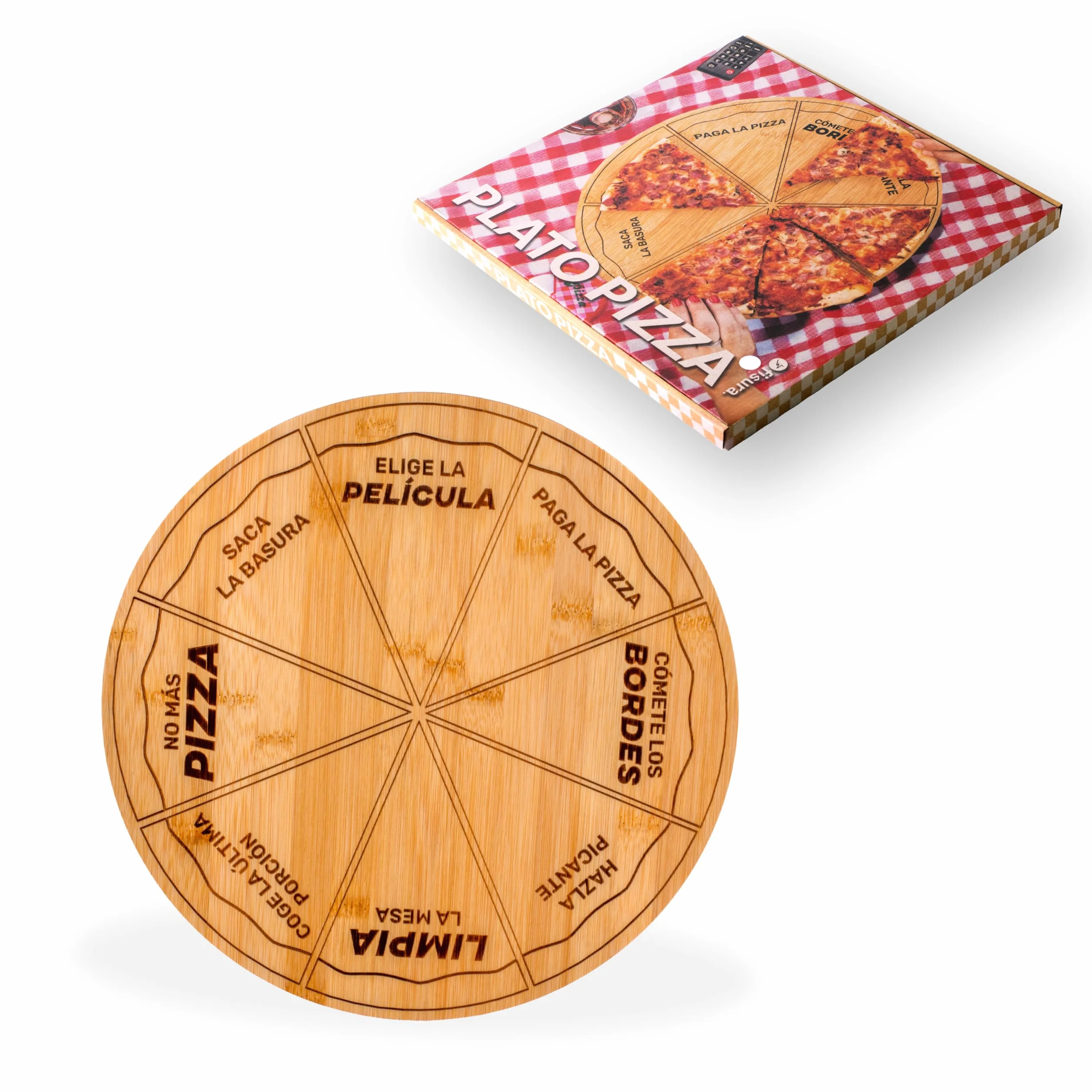 Fisura – Plato pizza original. Plato para pizza con mensajes divertidos en español. Tabla redonda con porciones uniformes de madera de bambú. 35 centímetros