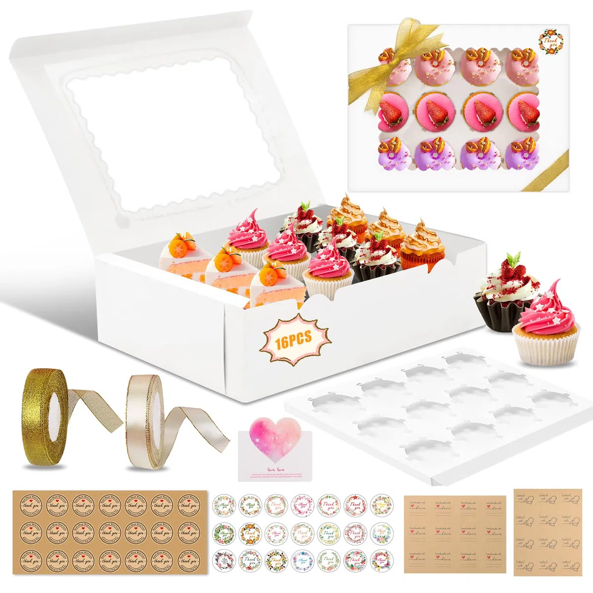 UCAMP Paquete de 16 Cajas Para Cupcakes,Cajas para Tartas con Ventana,Cupcakes con Cinta,Pegatinas y Tarjetas de Felicitación,Adecuado para Navidad,Cumpleaños,Bodas,12 Hoyos