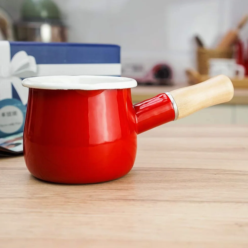Cazo antiadherente pequeño para leche, té, café, hervir huevos, preparar la papilla del bebé, diseño esmaltado con mango de madera, fácil de limpiar, de Jmahm. rosso