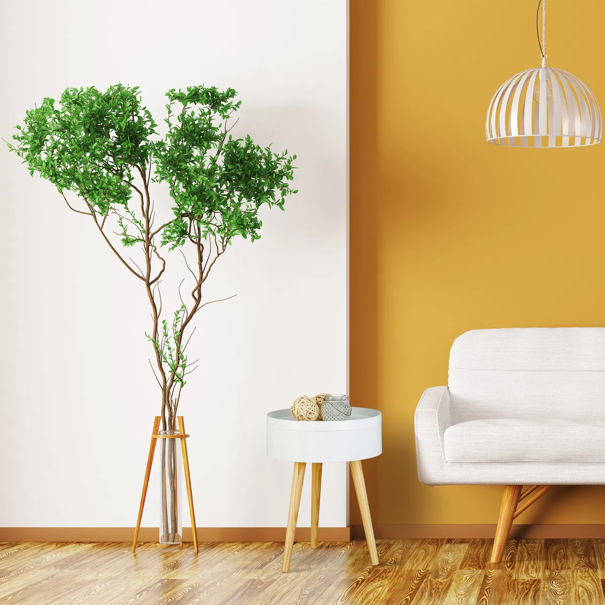 Relaxdays Mesa Auxiliar Redonda Nórdica con Bandeja, Madera, Blanco, 50x38x38 cm