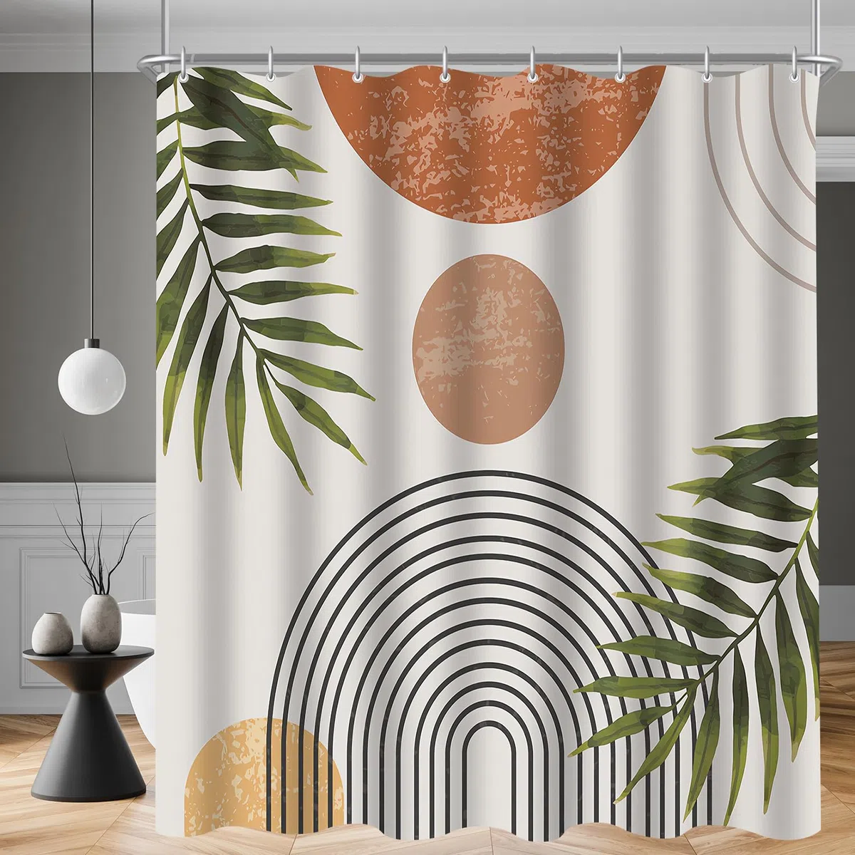 Lerores Cortina de ducha de 160 x 160 cm, diseño de hojas, dobladillo con peso, tela antimoho, impermeable, lavable, tela de poliéster, cortinas de baño con 12 ojales y anillos de cortina de ducha