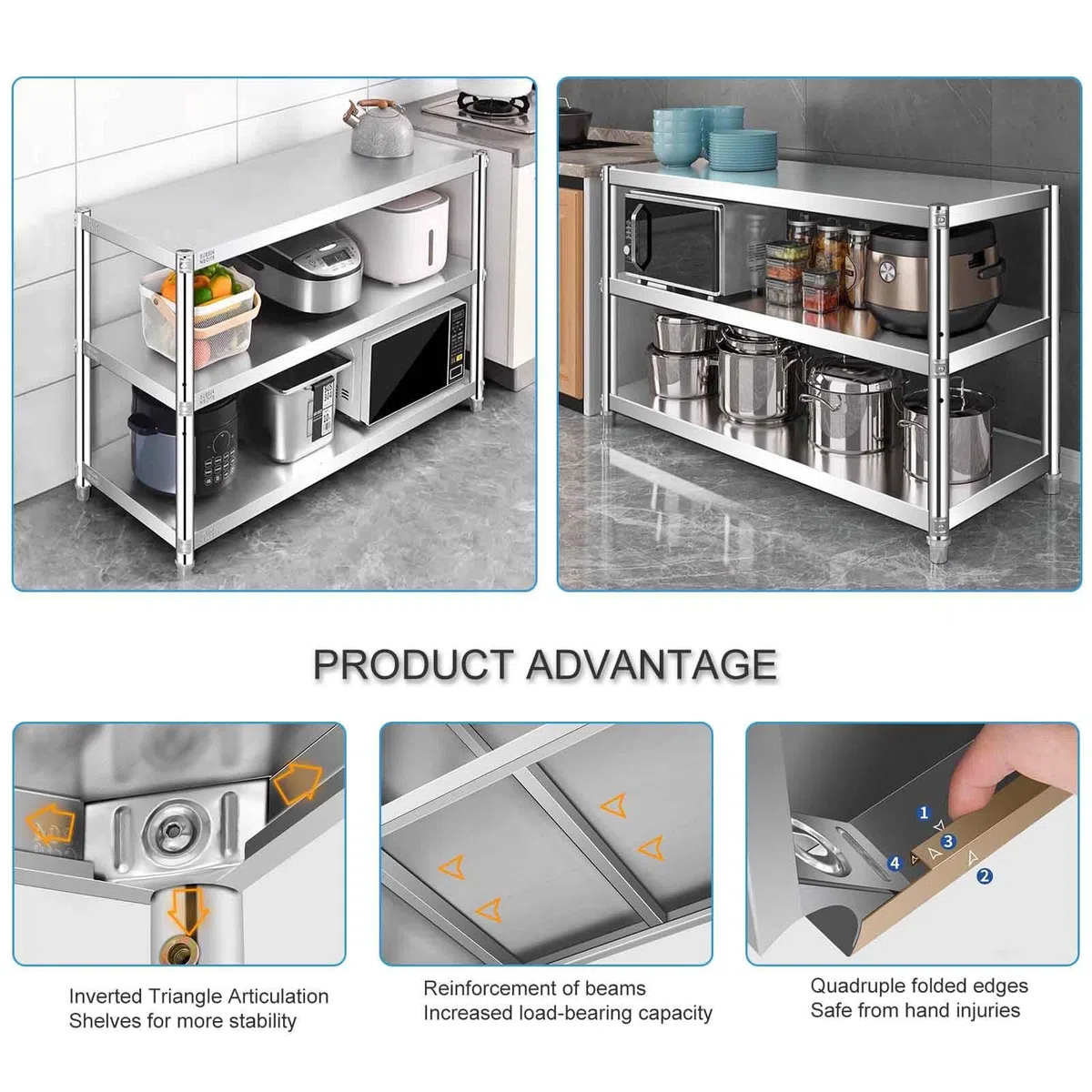 Estantes de almacenamiento de cocina de 3 niveles, estantes de metal ajustables en altura de acero inoxidable 304, estante de almacenamiento de alimentos y bebidas, estante de almacenamiento de