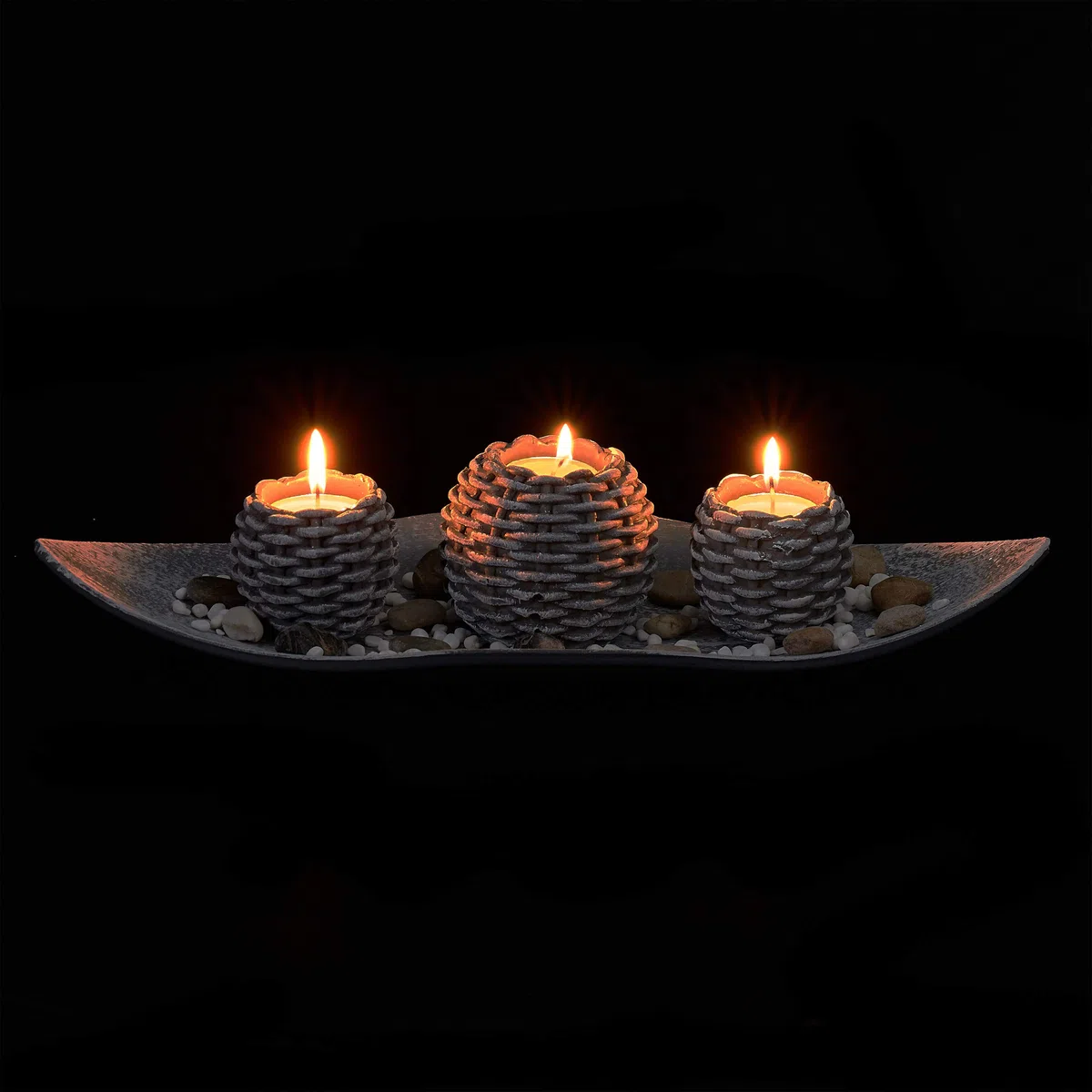 Relaxdays Portavelas con Cuenco Decorativo y Velas Pequeñas, Centro de Mesa, DM-Arena, 1 Ud, 38,5 cm Largo, Gris