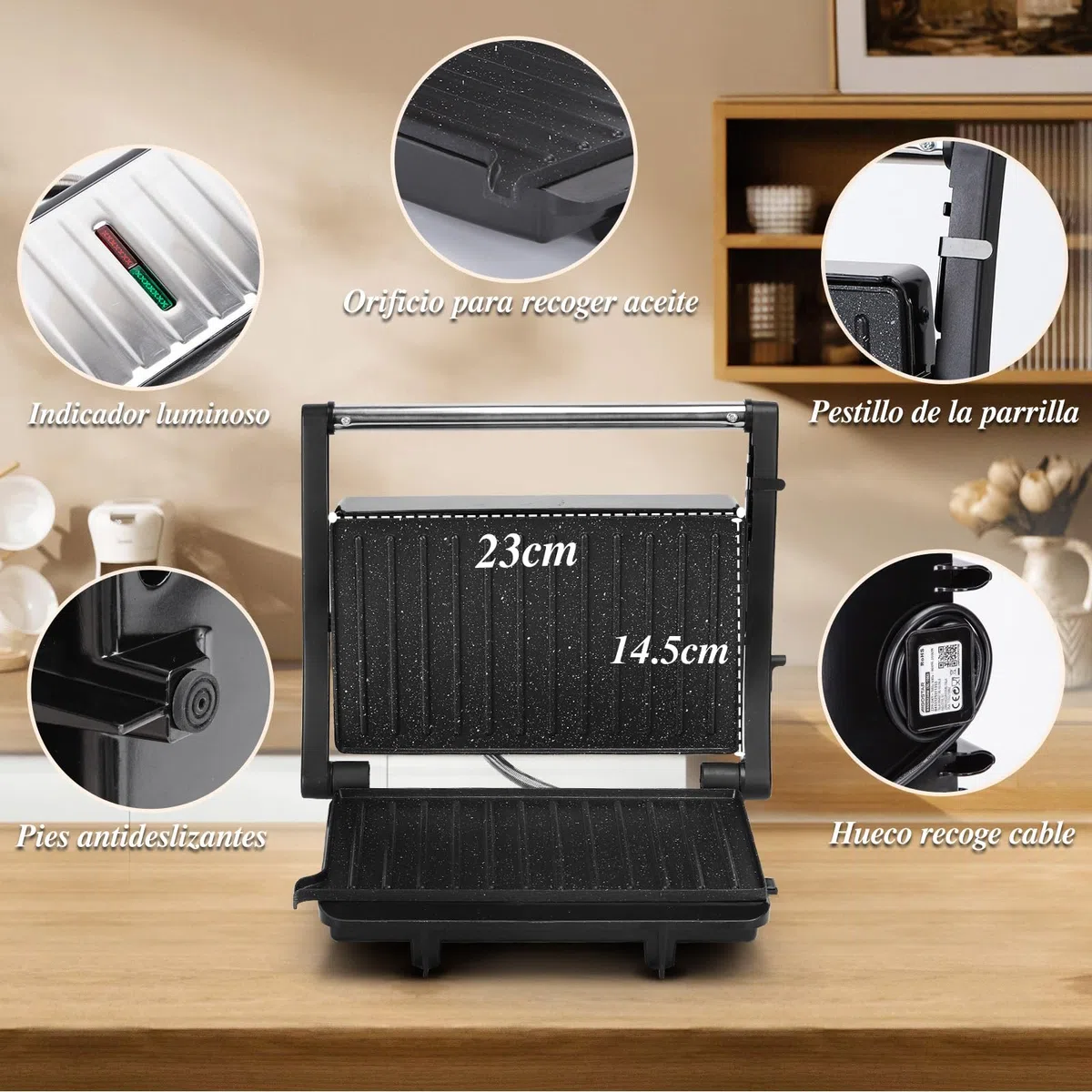 Aigostar York Pro - Sandwicheras y Panini, Parrilla Eléctrica, Grill con Placas Antiadherentes, 1000W, Apertura de 180º Dos Superficies de Cocinado de 23 x 14.5cm, Pinza de Cierre.