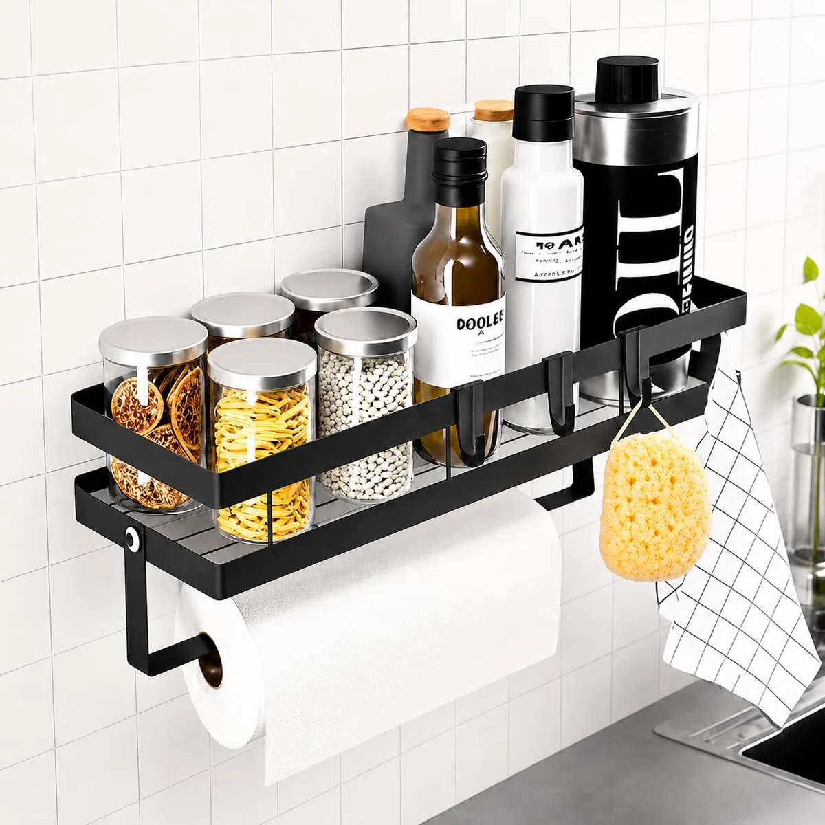 Especiero de Pared Sin Taladrar con Portarrollos de Cocina, Organizador de Cocina de Acero al Carbono Negro, Estante para Especias con 4 Ganchos para Utensilios y Paños