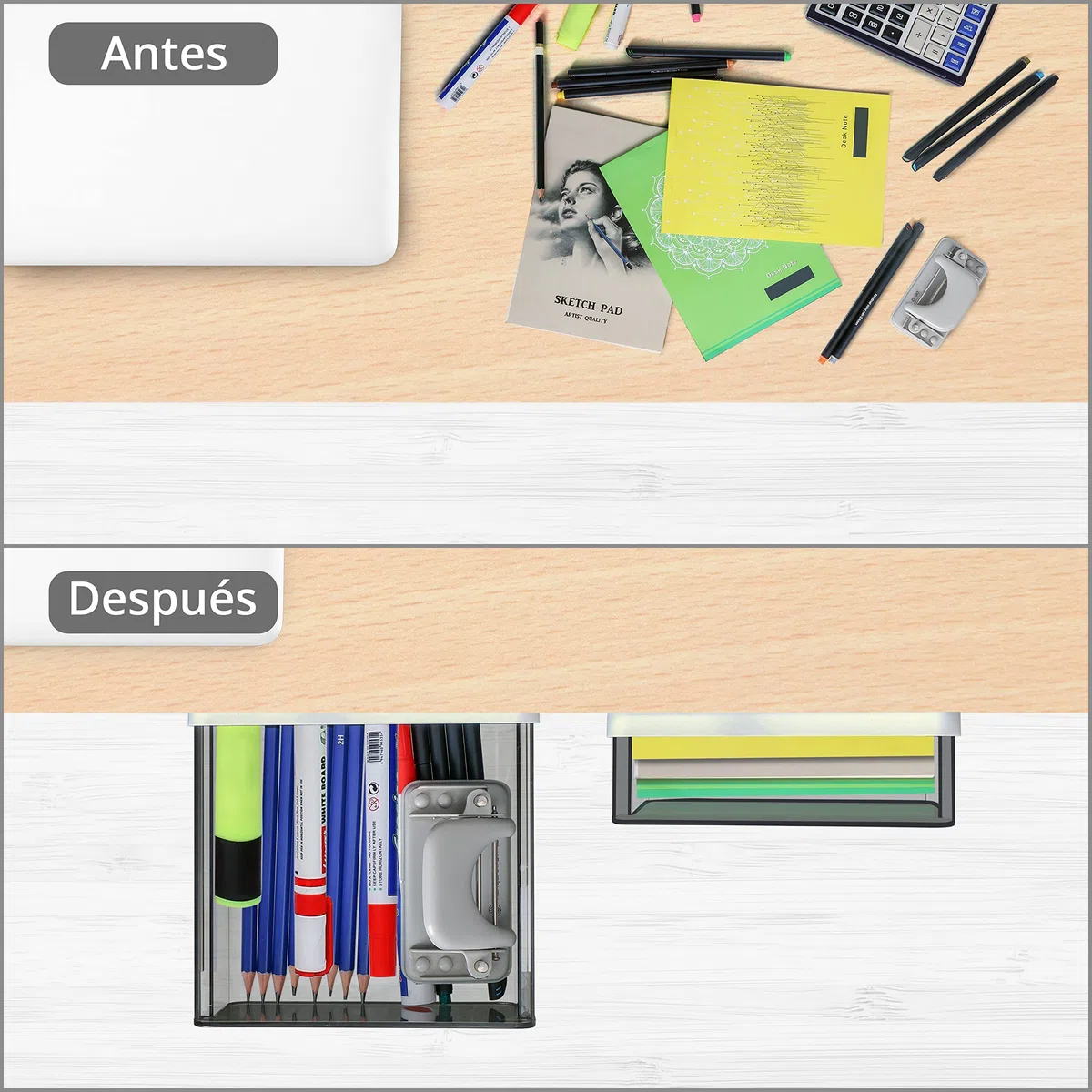 Cajones Extraíbles Adhesivos [Pack de 2] - Cajas Organizadoras de Plástico Multiusos para Debajo de la Mesa con Respaldo Autoadhesivo para Accesorios, Bandeja de Almacenamiento para Artesanías