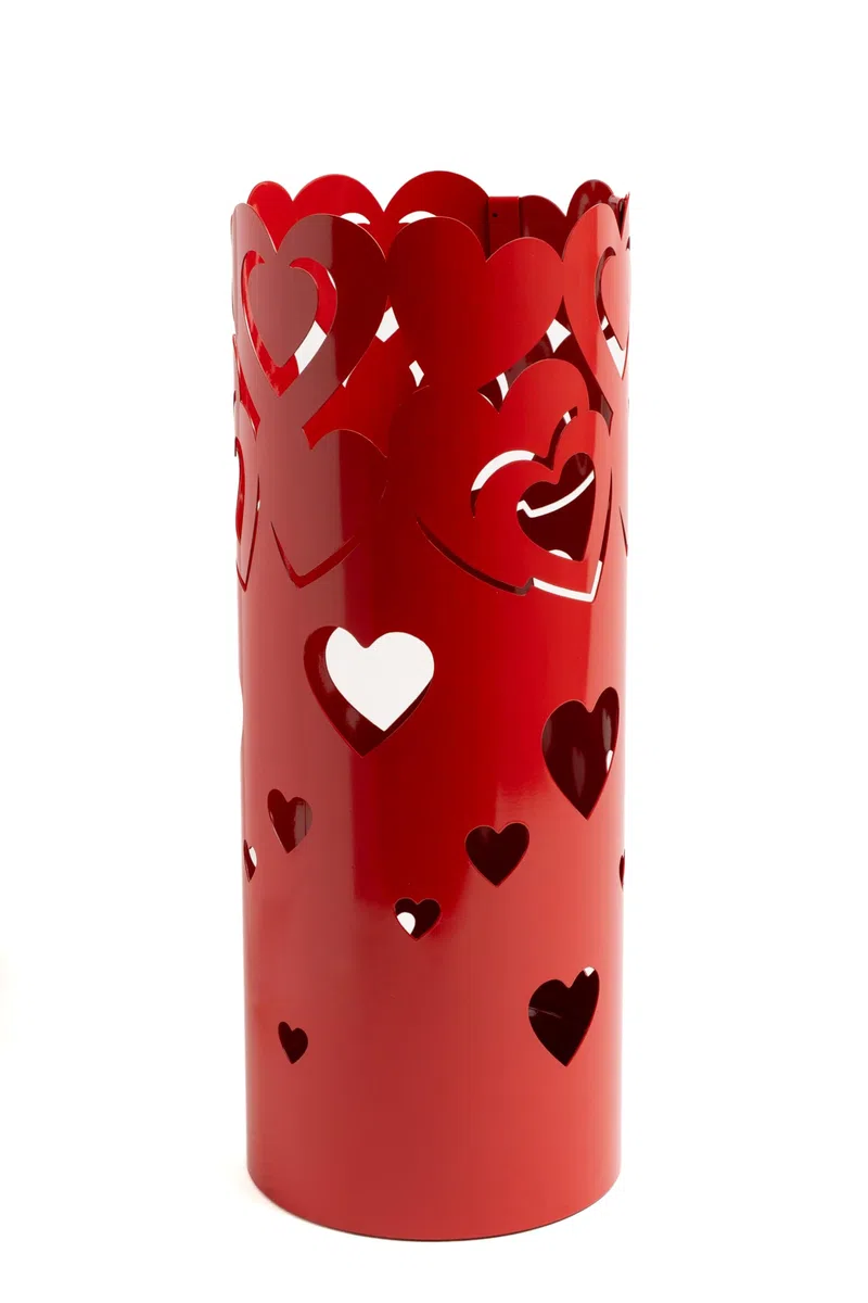 Paragüero con diseño moderno de metal, forma de corazón, redondo, para casa y oficina, soporte de diseño, 2 ganchos, 2 bandejas de recogida de agua, 49 cm de alto, color rojo