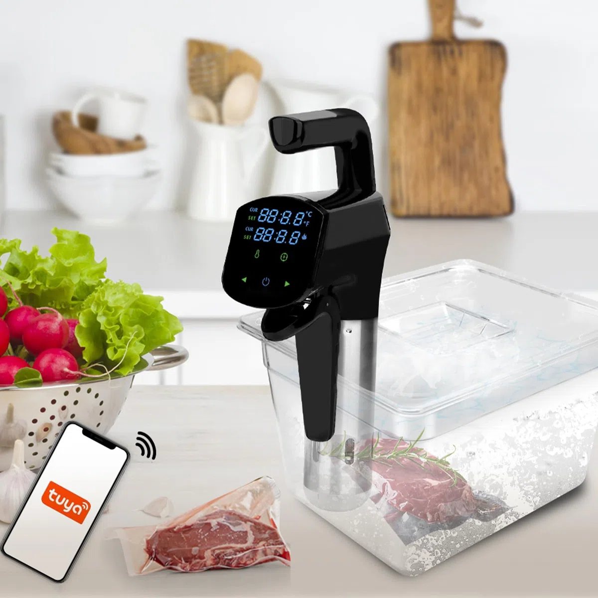 XoTiq Máquina Sous Vide, Cocina Sous Vide 1800W con Abrazadera Ajustable y Pantalla Digital LED, Circulador de Inmersión Térmica Impermeable IPX7, Control Preciso de Temperatura y Temporizador Acero