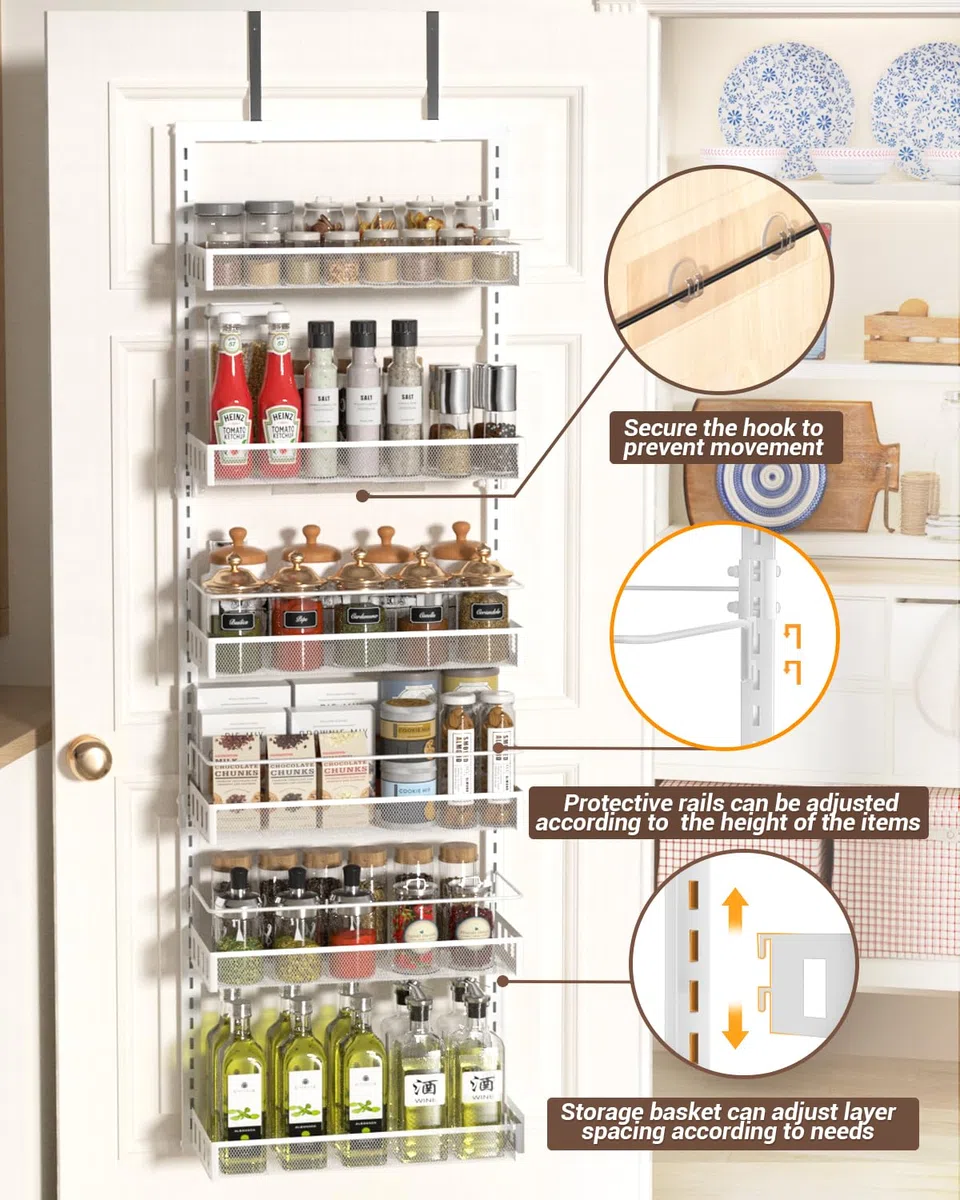 Almacenamiento Sobre la Puerta, Organizador de Despensa de Puerta Ajustable de 6 niveles con Gancho Para Cada, Estante de Especias de Metal Colgante en la Puerta Trasera para Cocina Baño, Blanco