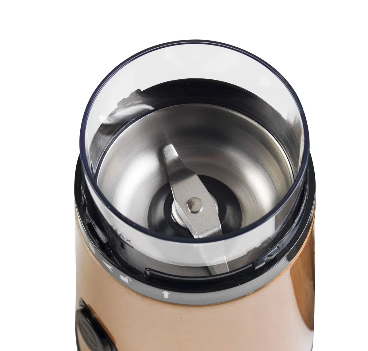 Bestron Molinillo Eléctrico con Cuchilla de Acero Inoxidable, 150 W, Capacidad: 50g, Acero inoxidable en Color Cobre