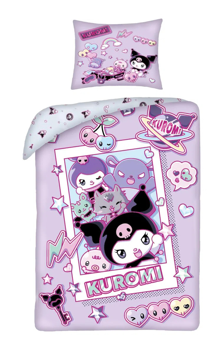Kuromi Funda Nórdica Cama 90 140x200 + Funda Almohada 70x90 Lila Rosa Niña | Ropa de cama reversible | Microfibra ultra suave secado rápido Oeko-Tex | Sanrio oficial | Niña | Regalo | Idea regalo