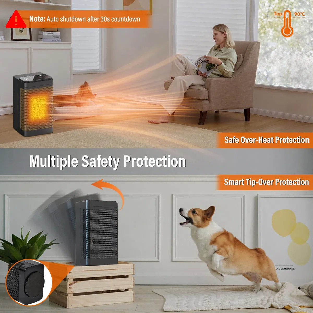 1500W Calefactor,70°Oscilación Calefactor Ceramico,Calefactor con Termostato Portátil,Temporizador de 12H,Control Remoto,Protección Contra Sobrecalentamiento y Vuelco,para Oficina Dormitorio Casa