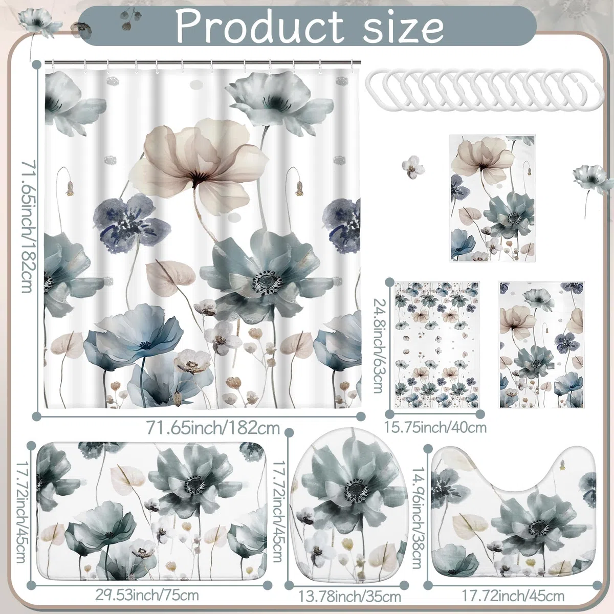Newwiee Juego de 7 cortinas de ducha con diseño floral bohemio para decoración de baño, cortina de ducha y tapetes, toallas, alfombrilla de inodoro, impermeable, accesorios de baño de acuarela