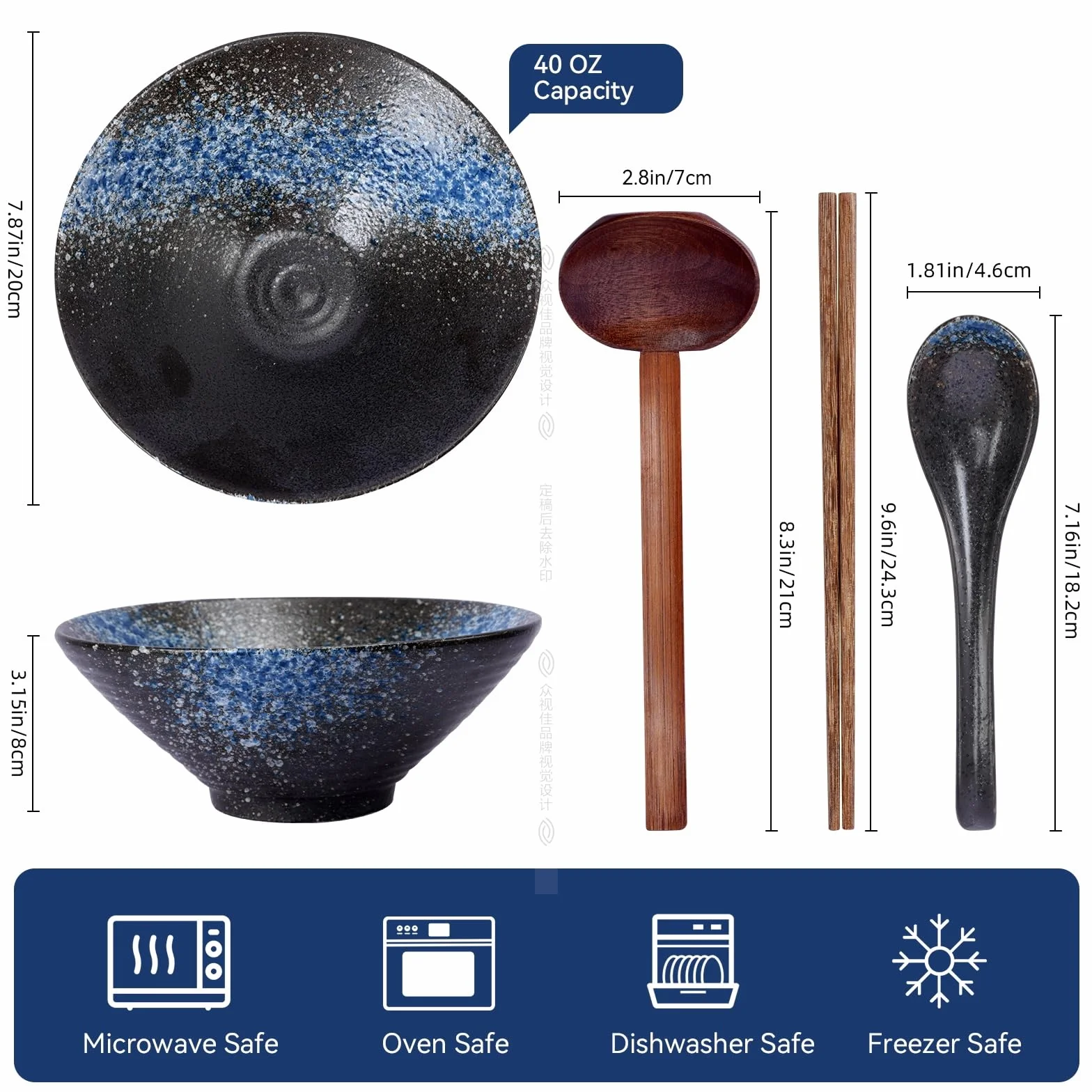 Juego De 2 Cuencos de Ramen, Ramen Bowl de Cerámica de 1000ML,Cuencos de Cerámica,Ramen Bowl Japonés de Cocina de Sopa de Porcelana Ensaladeras Para Pho y Tazón de Sushi Para Lavavajillas
