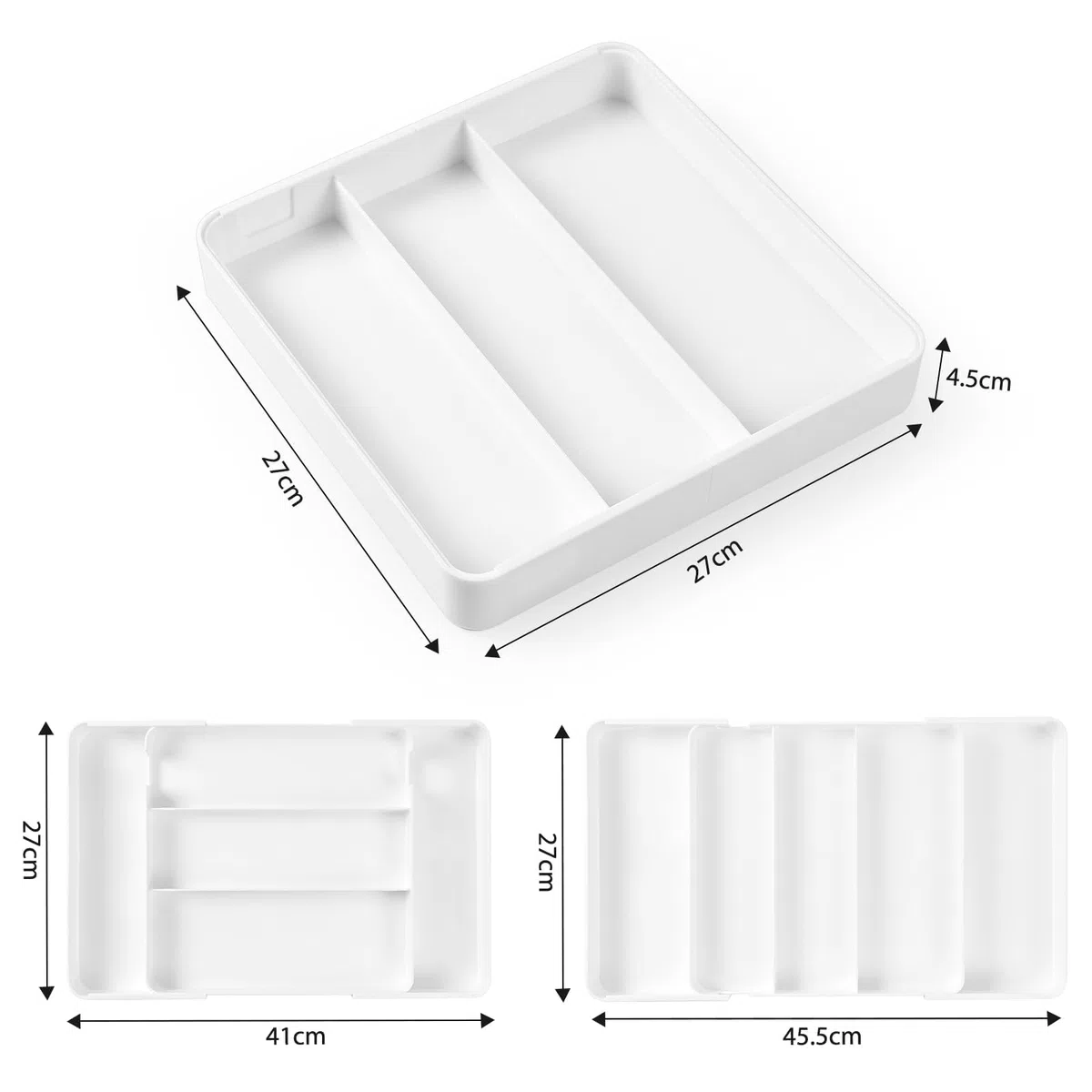 2 Piezas Cuberteros para Cajon Cocina, Ajustable Organizador Cubiertos para Cajon, Expandible Organizador Cajones Cocina, Profundidad 27 cm, Ampliable a 45,5 cm, para Cubiertos