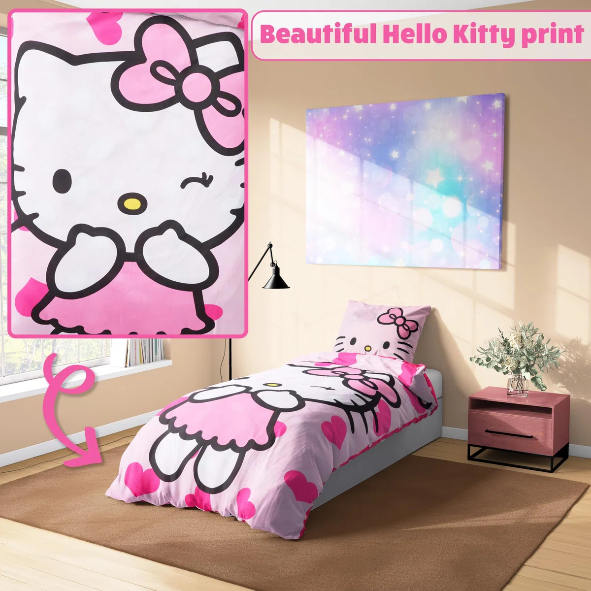 Hello Kitty Sanrio Juego de Cama Individual con Funda Nórdica Reversible 135x200cm y Funda de Almohada, Kuromi Cinnamoroll Accesorios Habitacion (Rosa Hello Kitty, Individual)