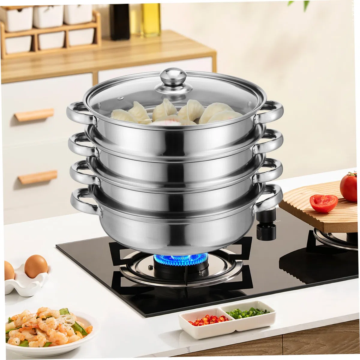 Housoutil Olla De Vapor De Cuatro Capas Olla, grande para sopa de vapor de metal, tamalera grande a De Acero Inoxidable Fondo Grueso Para Cocinar Verduras Mariscos Sopas Guisos
