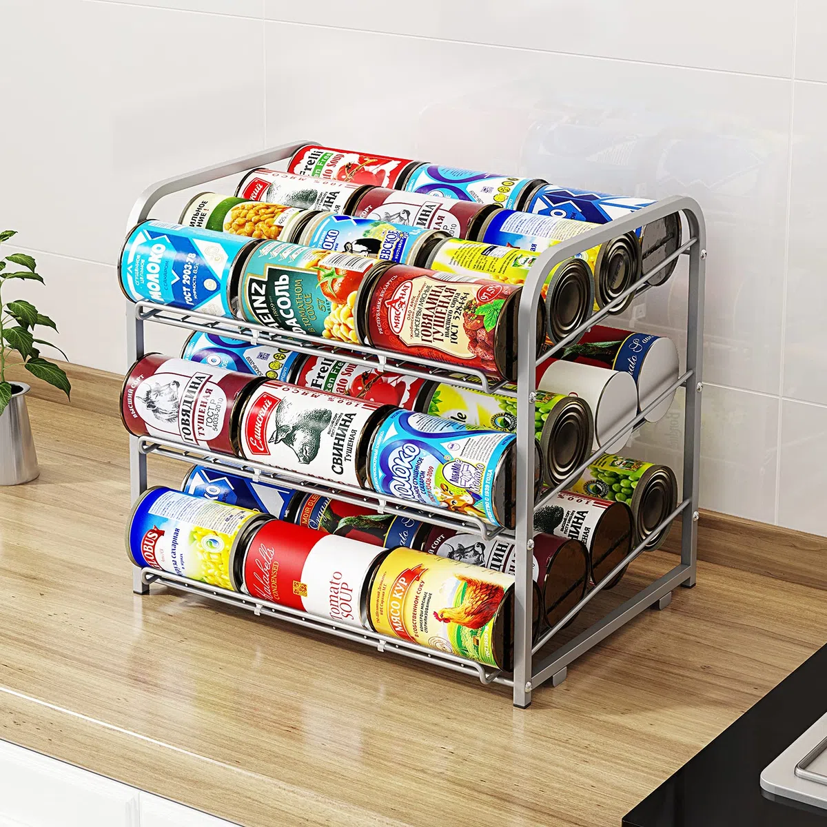 Organizador de Latas Apilable de 3 Niveles - Dispensador de Almacenamiento Para 36 Latas - Para Alimentos, Armarios de Cocina o Despensa - Color Plateado