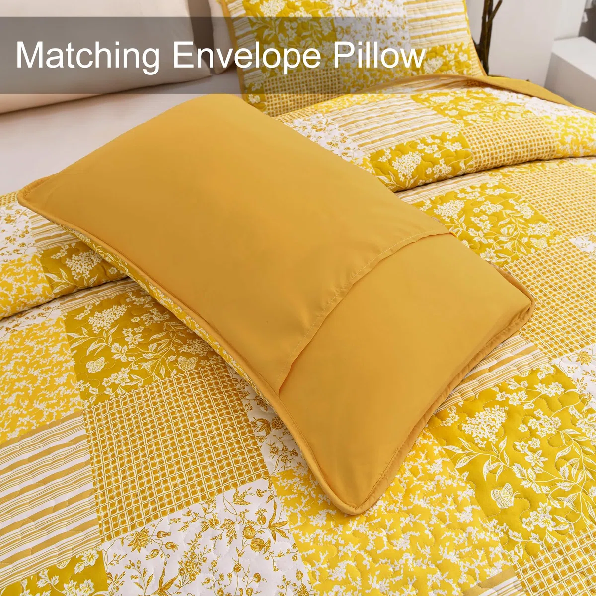 Mybedsoul Juego de edredón Bohemio Amarillo tamaño Queen, Juego de Colcha Floral a Cuadros de 3 Piezas, Juego de Ropa de Cama Reversible de Retazos, tamaño Queen, 90 x 96 Pulgadas