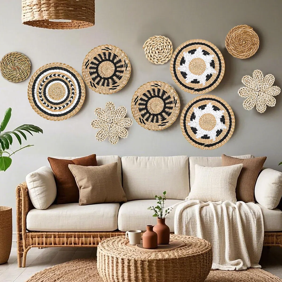 YIYA 10 Piezas Decoración de Cesta de Pared Pared de Cesta Bohemia Tejida a Mano Cestos Mimbre Decoración Pared pared Sala de Estar o Dormitorio