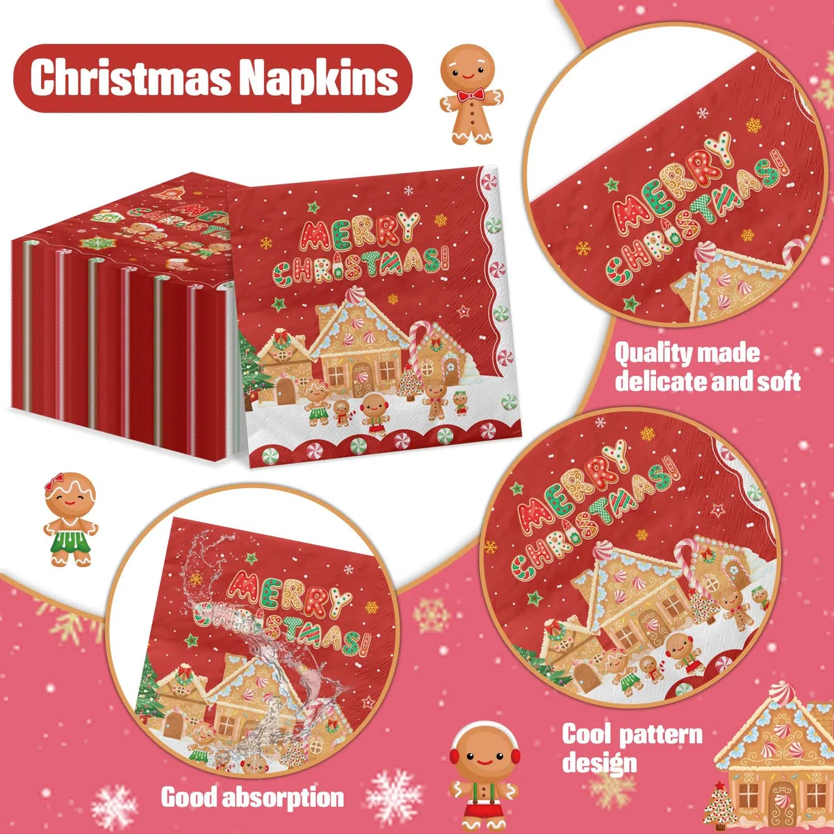 100 servilletas de Navidad de pan de jengibre, 13 x 13 pulgadas, copos de nieve, servilletas de papel para almuerzo, servilletas rojas de Papá Noel, para Año Nuevo, invierno, vacaciones, suministros