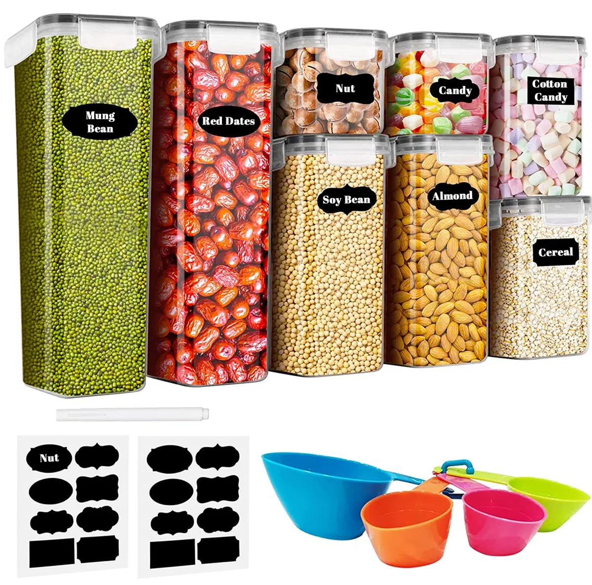 Botes Cocina Almacenaje 8 Piezas, Recipientes para alimentos de Plástico de Alimentos Sellados con Tapa, Se Utiliza para Almacenar Cereales, Pasta, Arroz, Harina (2.8L+2L+1.4L+0.8L)
