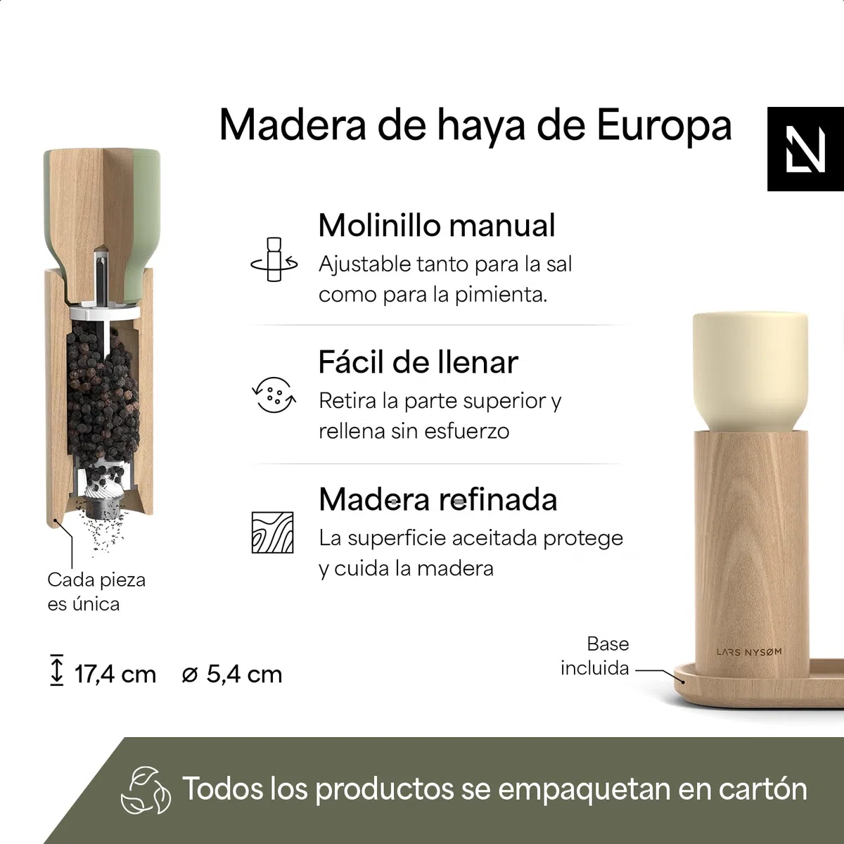 LARS NYSØM Set de molinillos manuales y bandeja en madera – Molino sal/pimienta con muelas cerámicas ajustables – Elegante diseño de haya para cocina o mesa (Green/Beige)