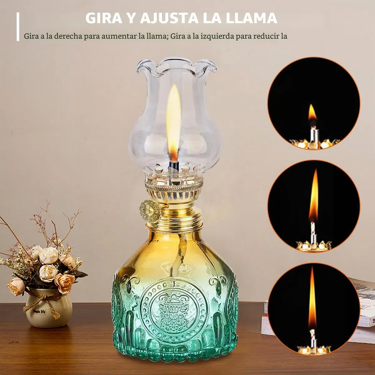 2 lámparas de queroseno de vidrio para interiores, lámparas de aceite de vidrio, lámpara de petróleo vintage, lámpara de aceite de petróleo clásica, con llama ajustable, para sala de estar, comedor