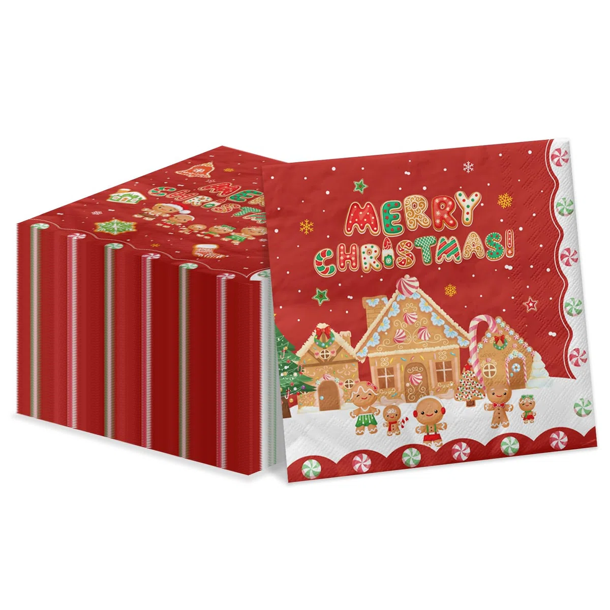 100 servilletas de Navidad de pan de jengibre, 13 x 13 pulgadas, copos de nieve, servilletas de papel para almuerzo, servilletas rojas de Papá Noel, para Año Nuevo, invierno, vacaciones, suministros