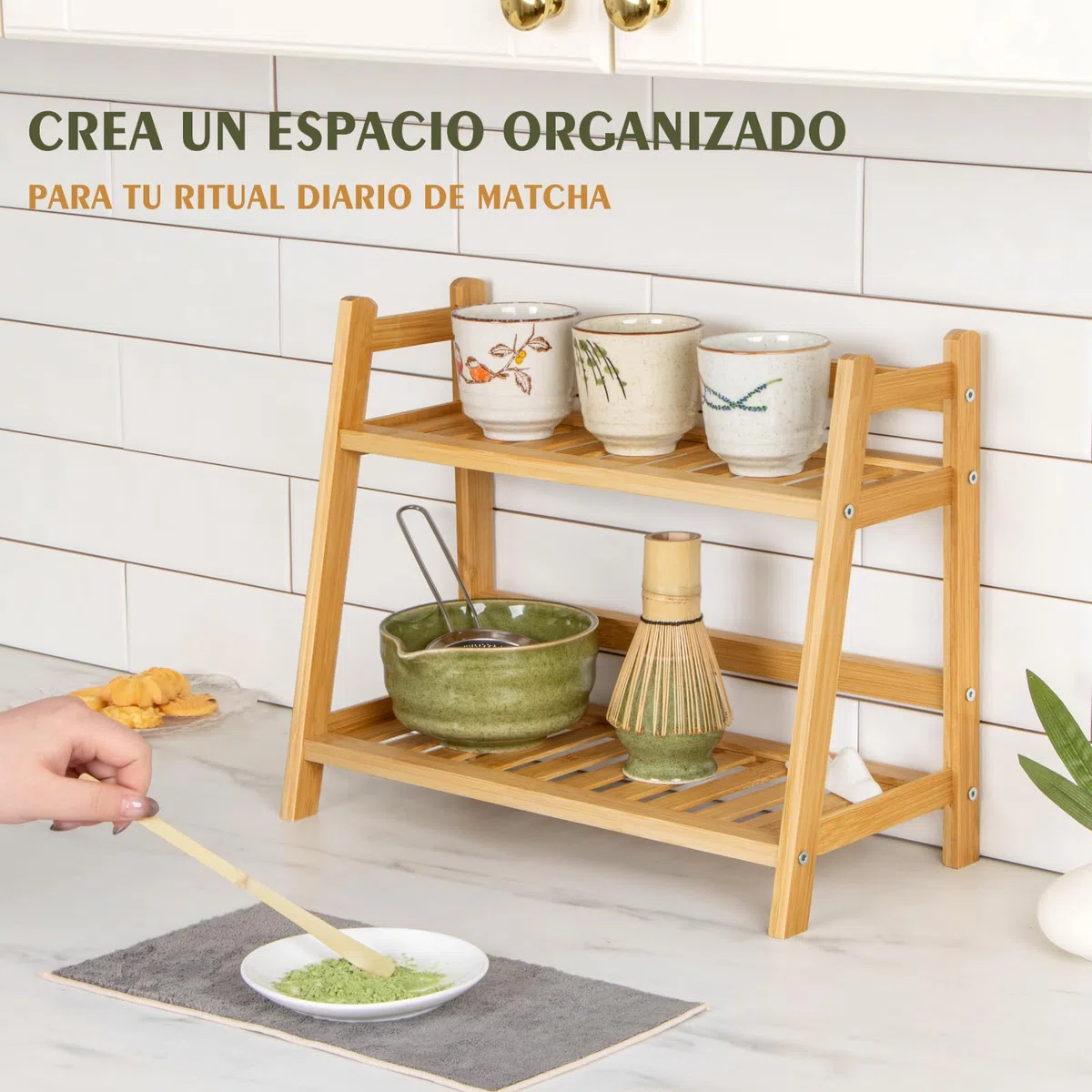 ANBOXIT Organizador Tazas De Bambú, Organizador Especias De 2 Niveles, Estanteria Cocina Para Coffee Corner, Para Encimera De Cocina, Rincon Del Café Y Té