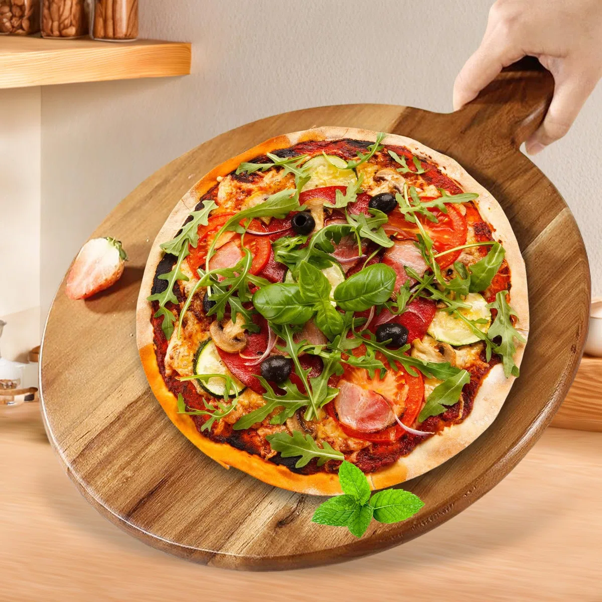 Juego de 2 platos de pizza de madera, tabla redonda de 30 cm con asa, tabla de cortar para pizza, pan, queso, charcuteria, tartas flameadas y pasteles