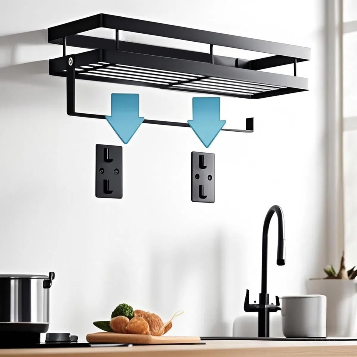 Especiero de Pared Sin Taladrar con Portarrollos de Cocina, Organizador de Cocina de Acero al Carbono Negro, Estante para Especias con 4 Ganchos para Utensilios y Paños