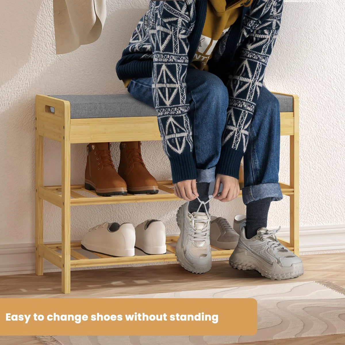 WOLTU Banco Zapatero de Bambú, Banco para Zapatos de 2 estantes, Zapatero con Caja Olculta y Asiento Acolchado, Organizador para Entrada, Baño, Dormitorio, Pasillo, 68x30x50cm