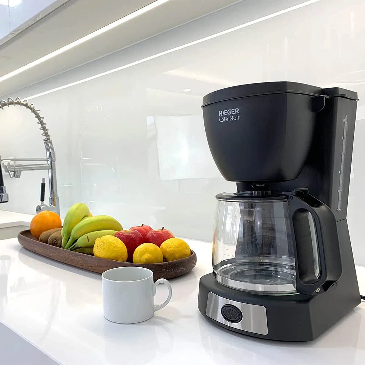 HAEGER CAFÉ Noir - Cafetera de Goteo, Capacidad 12 Tazas, 680W de Potencia, Placa calentado para Mantener el Calor, indicador de Nivel de Agua, Sistema Anti-Goteo, Jarra de Vidrio con Tapa articulada