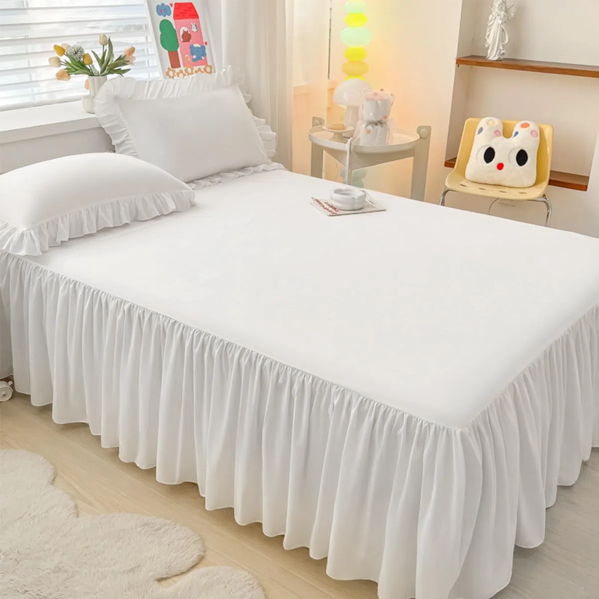 Highdi Faldón de Cama Falda de Cama con Volantes Sábana Bajera Falda de Cama de Caída Prueba De Polvo Suave Sábana de Cama Decoración para Single Queen King (100x200cm,Blanco)